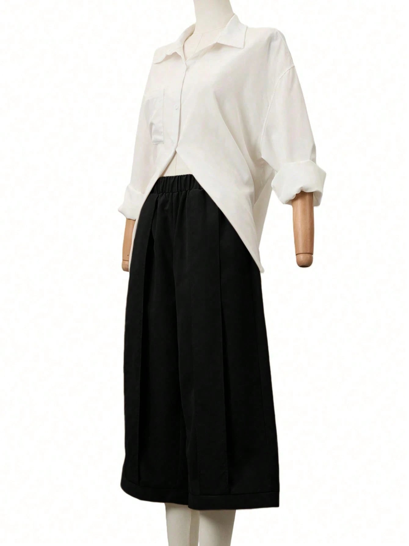 1pc Women's Fashionable Casual Solid Color Wide Leg Capri Pants, Comfortable Casual Patchwork Design, Wide Leg Pants Suit For Daily Commute & Work, Spring/Summer Black