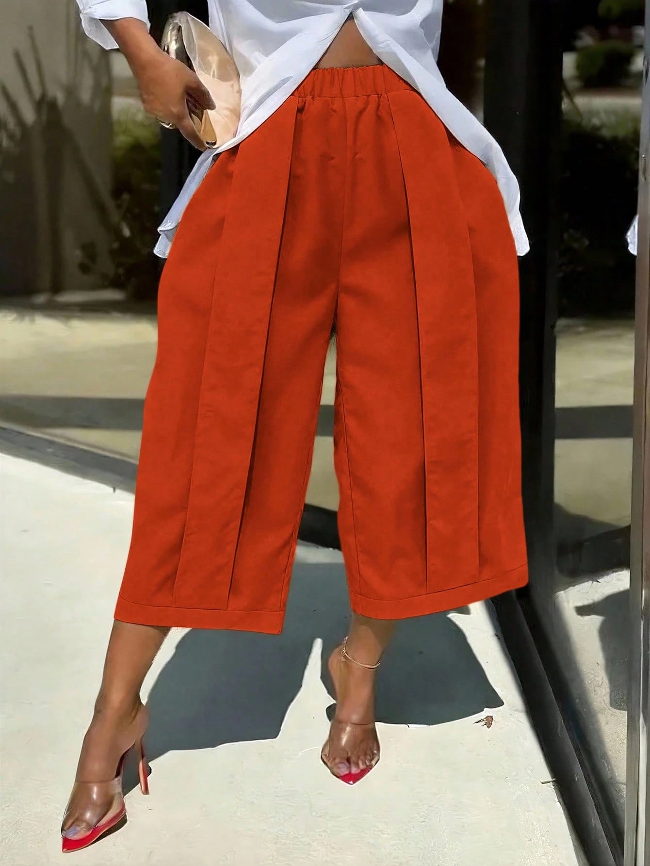 1pc Women's Fashionable Casual Solid Color Wide Leg Capri Pants, Comfortable Casual Patchwork Design, Wide Leg Pants Suit For Daily Commute & Work, Spring/Summer Black