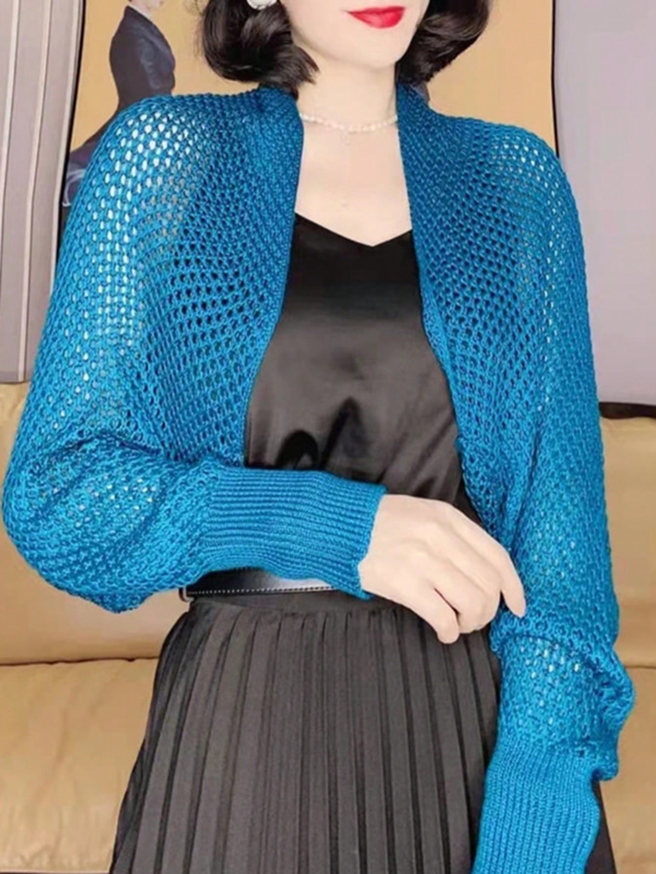 1pc Women's New Short Ice Silk Shawl Air-Conditioned Room Sleeve Shrug Outer Knitted Cardigan Dress Outerwear