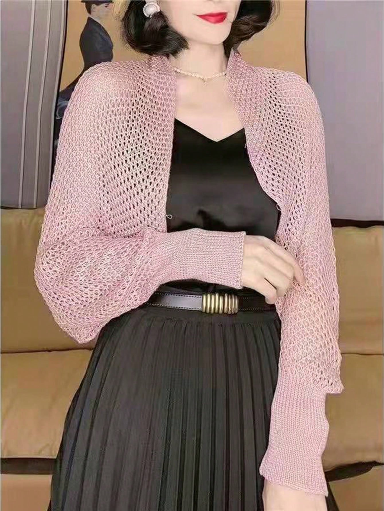 1pc Women's New Short Ice Silk Shawl Air-Conditioned Room Sleeve Shrug Outer Knitted Cardigan Dress Outerwear