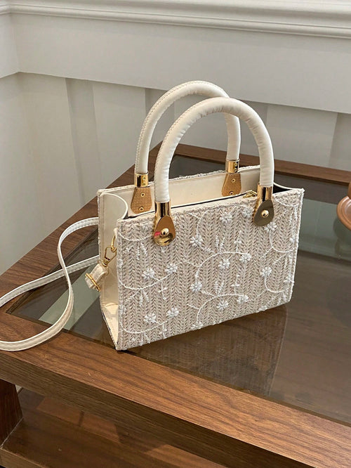 1pc Women's Solid Color Embroidered Textured Stone Pattern Handbag, Suitable For Summer Beach, Travel, Shopping
