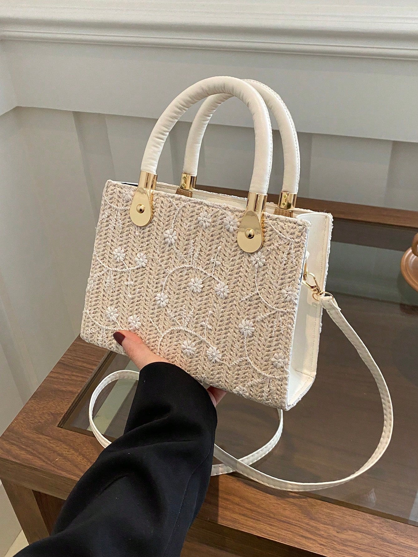 1pc Women's Solid Color Embroidered Textured Stone Pattern Handbag, Suitable For Summer Beach, Travel, Shopping