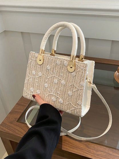 1pc Women's Solid Color Embroidered Textured Stone Pattern Handbag, Suitable For Summer Beach, Travel, Shopping