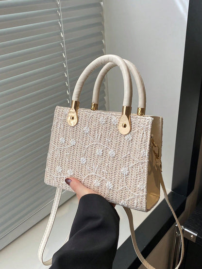 1pc Women's Solid Color Embroidered Textured Stone Pattern Handbag, Suitable For Summer Beach, Travel, Shopping