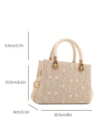1pc Women's Solid Color Embroidered Textured Stone Pattern Handbag, Suitable For Summer Beach, Travel, Shopping