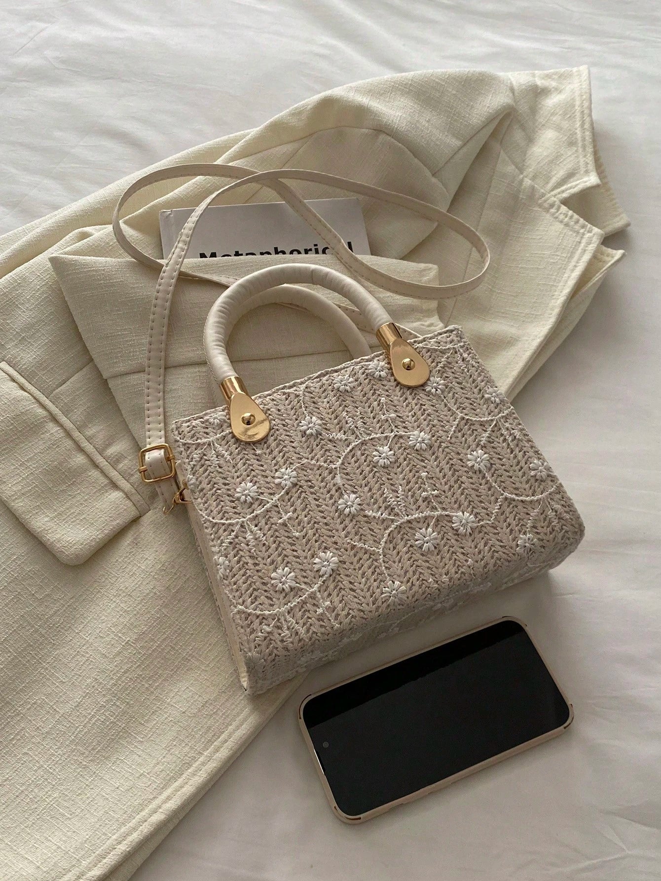 1pc Women's Solid Color Embroidered Textured Stone Pattern Handbag, Suitable For Summer Beach, Travel, Shopping