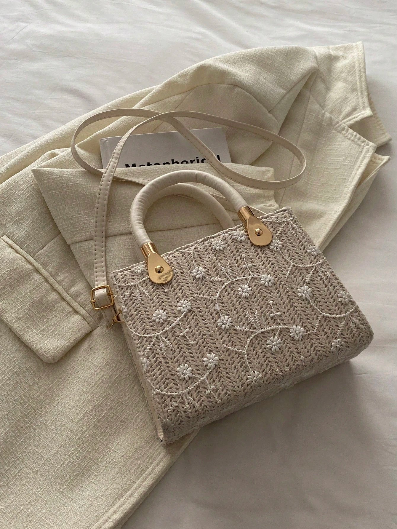 1pc Women's Solid Color Embroidered Textured Stone Pattern Handbag, Suitable For Summer Beach, Travel, Shopping