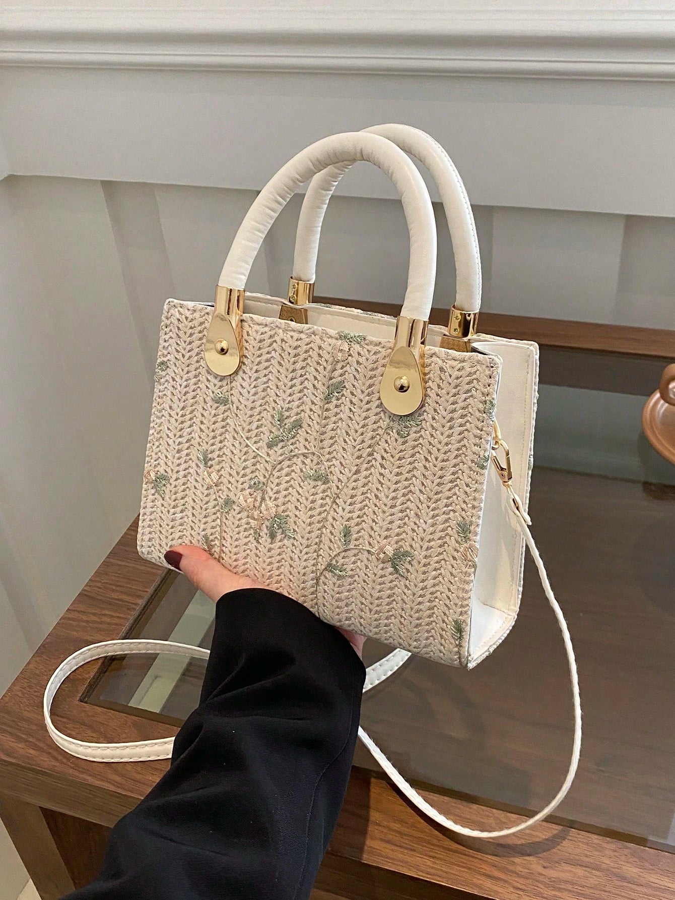 1pc Women's Solid Color Embroidered Textured Stone Pattern Handbag, Suitable For Summer Beach, Travel, Shopping