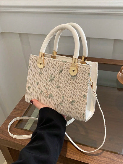 1pc Women's Solid Color Embroidered Textured Stone Pattern Handbag, Suitable For Summer Beach, Travel, Shopping