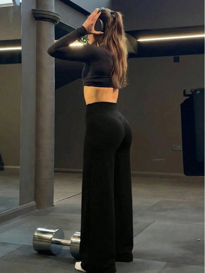 1pc Women's Solid Color Yoga Wide Leg Pants, Comfortable Slim-Fit Versatile, Suitable For Running, Fitness And Yoga Sports, Athleisure