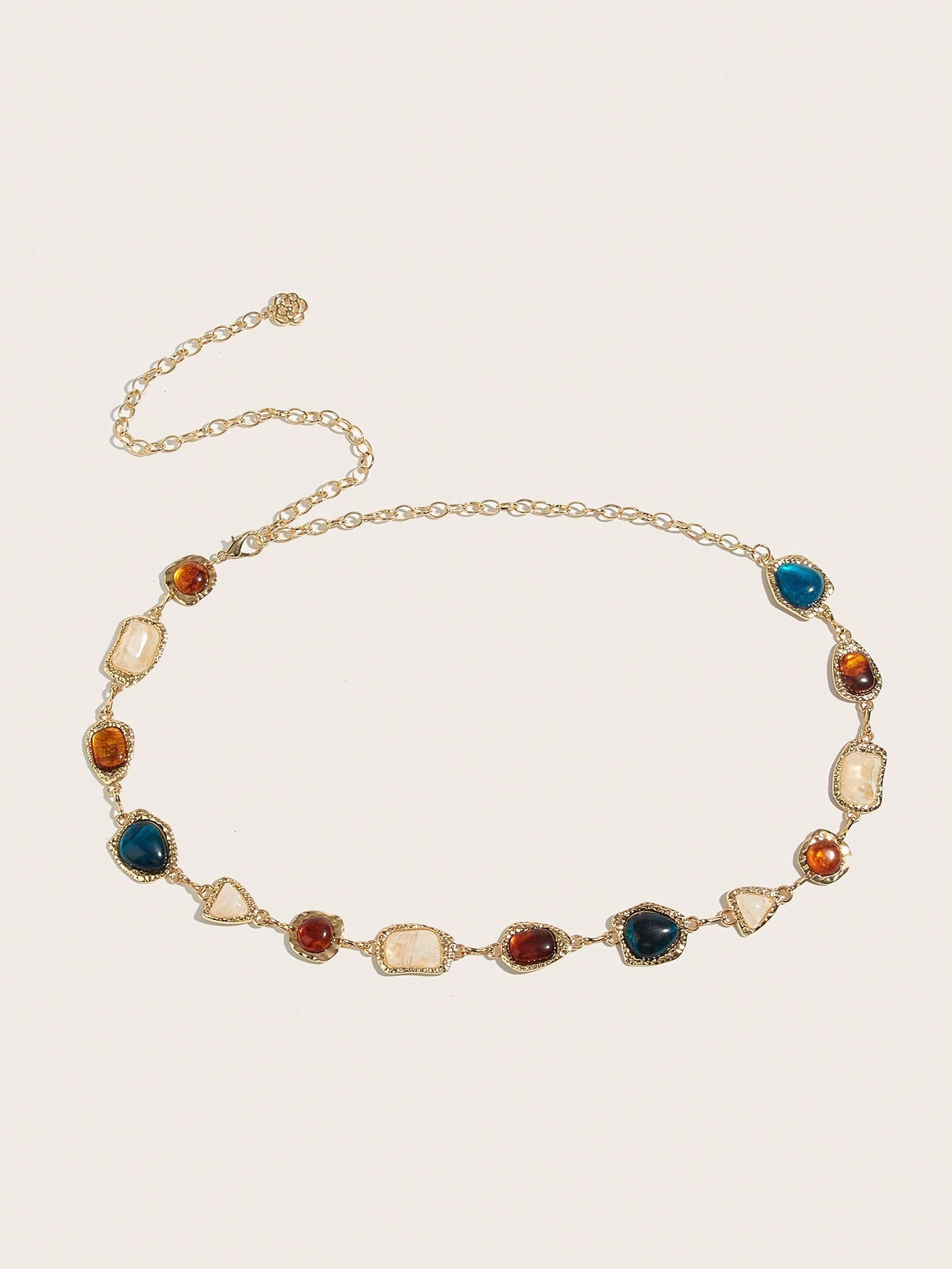 1pc Women's Waist Chain, Bohemian Style Random Asymmetrical Gemstone Inlaid Waist Chain, Gold Color Waist Chain, Blue & Brown Gemstone Textured Waist Chain, Suitable For Beach Dress, Wedding, Festival