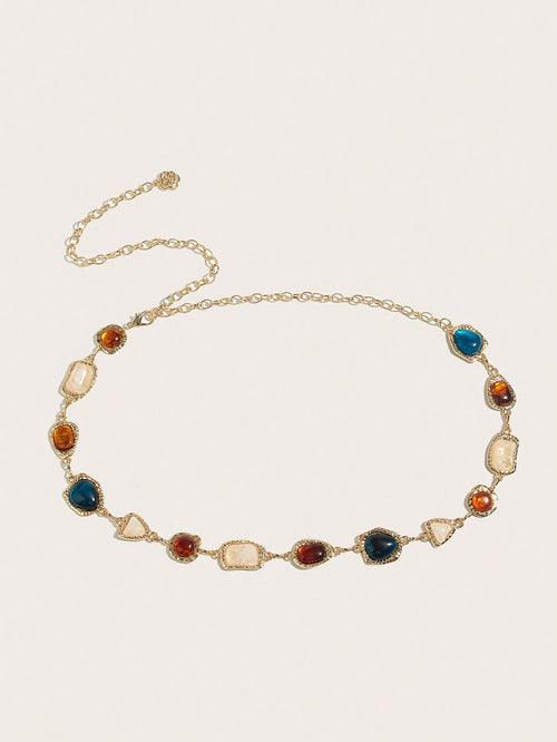 1pc Women's Waist Chain, Bohemian Style Random Asymmetrical Gemstone Inlaid Waist Chain, Gold Color Waist Chain, Blue & Brown Gemstone Textured Waist Chain, Suitable For Beach Dress, Wedding, Festival