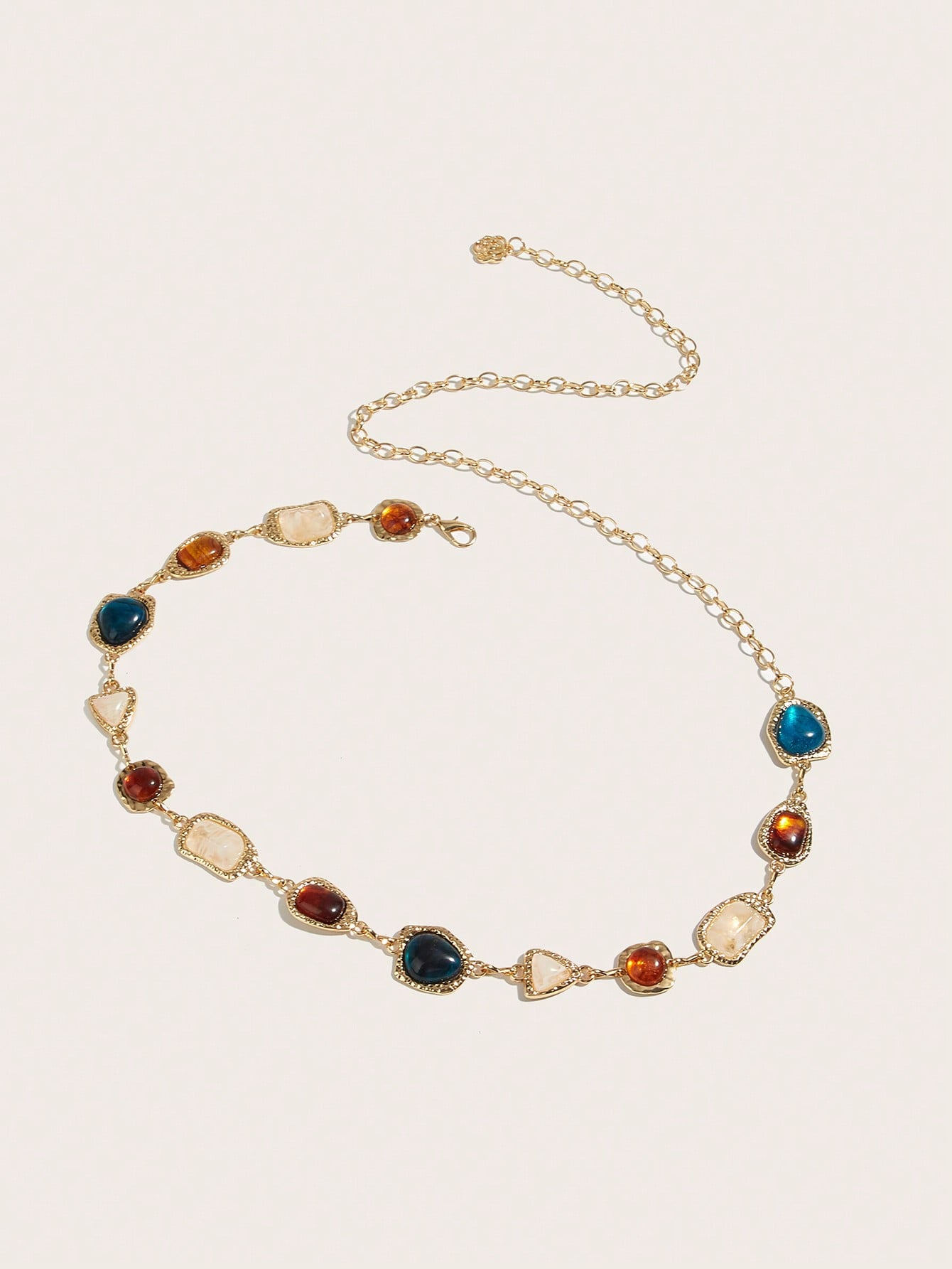 1pc Women's Waist Chain, Bohemian Style Random Asymmetrical Gemstone Inlaid Waist Chain, Gold Color Waist Chain, Blue & Brown Gemstone Textured Waist Chain, Suitable For Beach Dress, Wedding, Festival