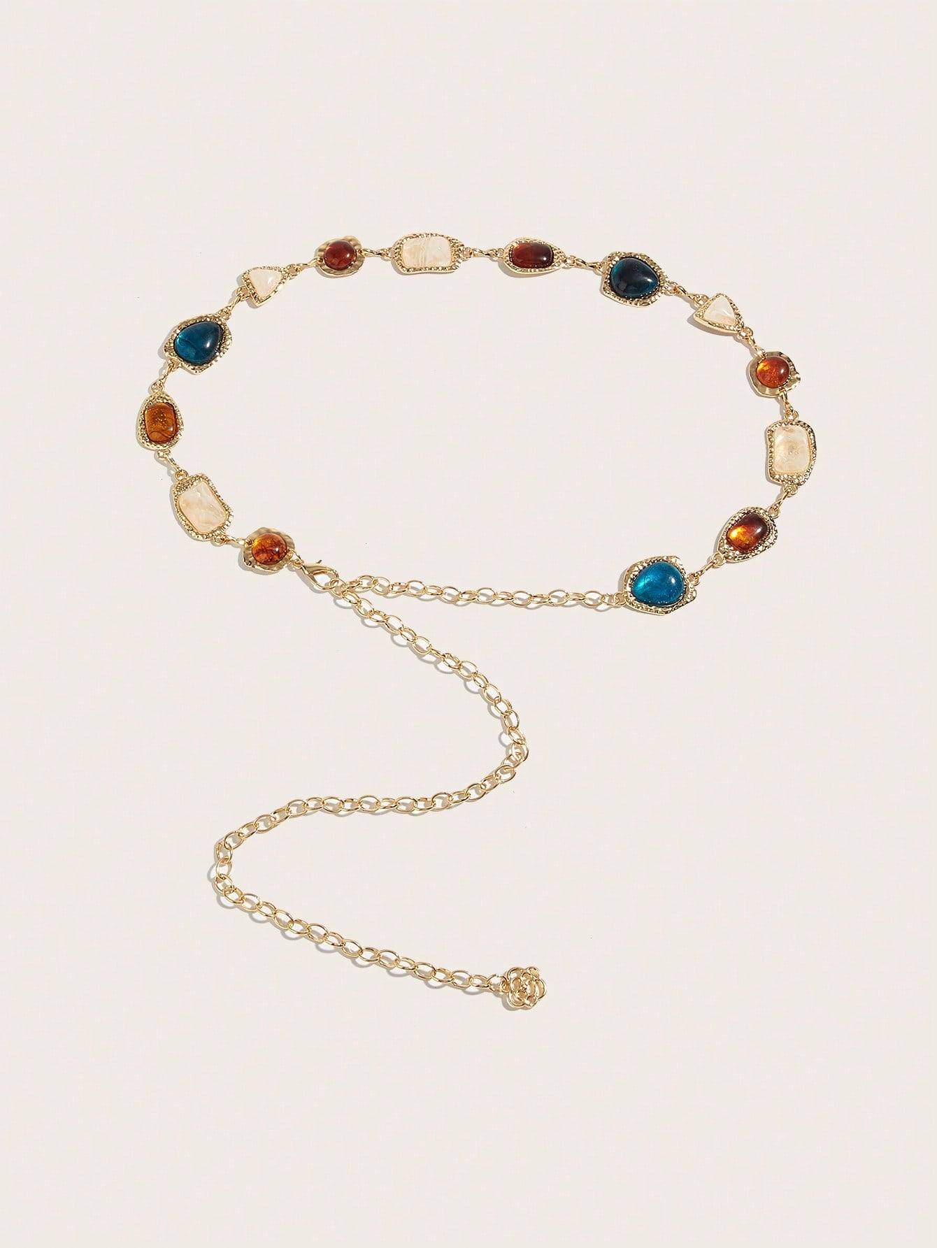 1pc Women's Waist Chain, Bohemian Style Random Asymmetrical Gemstone Inlaid Waist Chain, Gold Color Waist Chain, Blue & Brown Gemstone Textured Waist Chain, Suitable For Beach Dress, Wedding, Festival