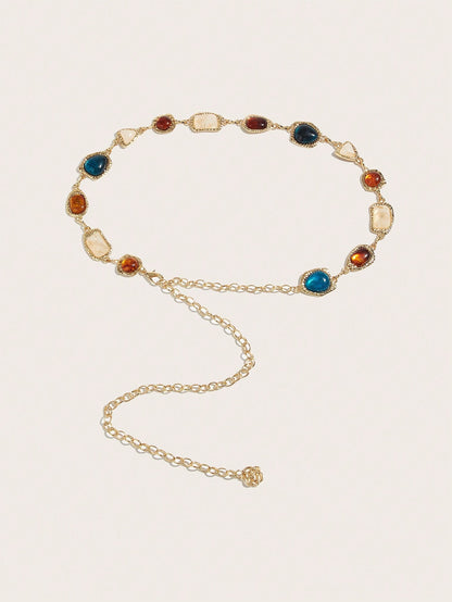 1pc Women's Waist Chain, Bohemian Style Random Asymmetrical Gemstone Inlaid Waist Chain, Gold Color Waist Chain, Blue & Brown Gemstone Textured Waist Chain, Suitable For Beach Dress, Wedding, Festival