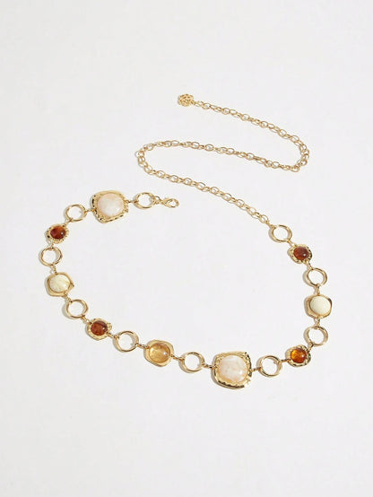 1pc Women's Waist Chain, Bohemian Style Random Asymmetrical Gemstone Inlaid Waist Chain, Gold Color Waist Chain, Blue & Brown Gemstone Textured Waist Chain, Suitable For Beach Dress, Wedding, Festival
