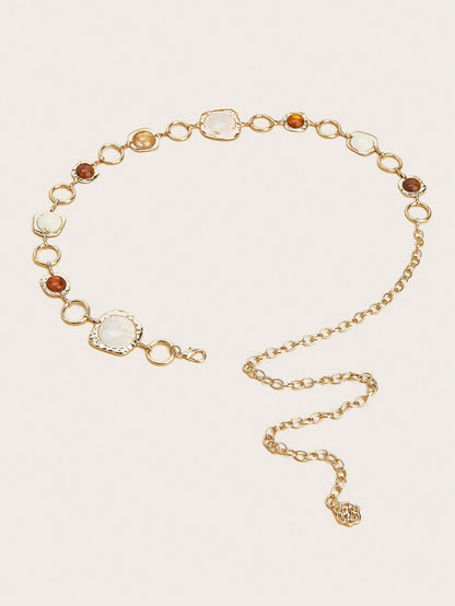 1pc Women's Waist Chain, Bohemian Style Random Asymmetrical Gemstone Inlaid Waist Chain, Gold Color Waist Chain, Blue & Brown Gemstone Textured Waist Chain, Suitable For Beach Dress, Wedding, Festival