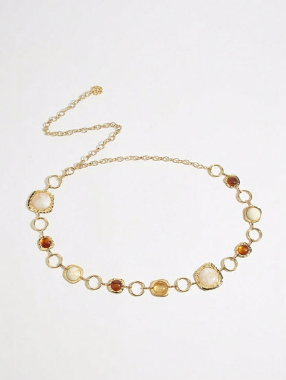 1pc Women's Waist Chain, Bohemian Style Random Asymmetrical Gemstone Inlaid Waist Chain, Gold Color Waist Chain, Blue & Brown Gemstone Textured Waist Chain, Suitable For Beach Dress, Wedding, Festival