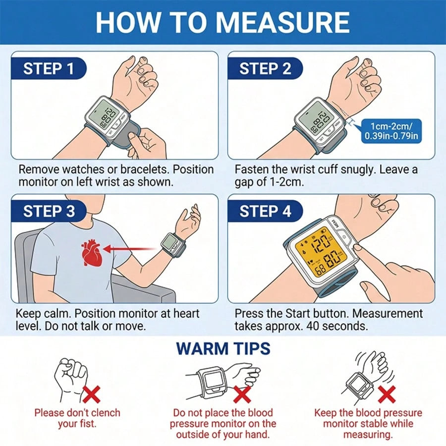 1pc Wrist Blood Pressure Monitor With LCD Display, Adjustable Cuff, Pulse Rate Detection & Irregular Heartbeat Alarm- Blood Pressure Measurement| USB Charging| Sound Playback Function, The Best Gif