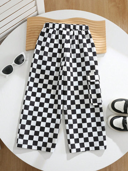 1pc Young Boys' Casual Checkered Print Straight Leg Pants,Back-To-School Comfortable Streetwear For Daily Wear,Outings,Spring/Summer/Autumn/Winter