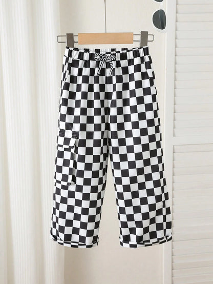 1pc Young Boys' Casual Checkered Print Straight Leg Pants,Back-To-School Comfortable Streetwear For Daily Wear,Outings,Spring/Summer/Autumn/Winter