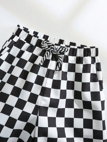 1pc Young Boys' Casual Checkered Print Straight Leg Pants,Back-To-School Comfortable Streetwear For Daily Wear,Outings,Spring/Summer/Autumn/Winter