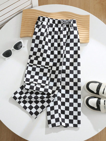 1pc Young Boys' Casual Checkered Print Straight Leg Pants,Back-To-School Comfortable Streetwear For Daily Wear,Outings,Spring/Summer/Autumn/Winter