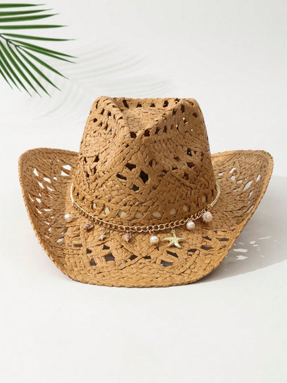 1pcs Unisex Conch Decor Cowboy Hat Hollow Printed Cowgirl Hat Casual Sun Hat Spring Summer Travel Shade Beach Hat Straw Hat