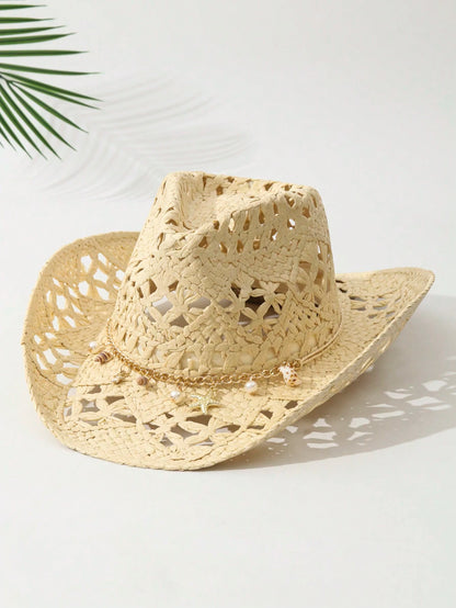 1pcs Unisex Conch Decor Cowboy Hat Hollow Printed Cowgirl Hat Casual Sun Hat Spring Summer Travel Shade Beach Hat Straw Hat