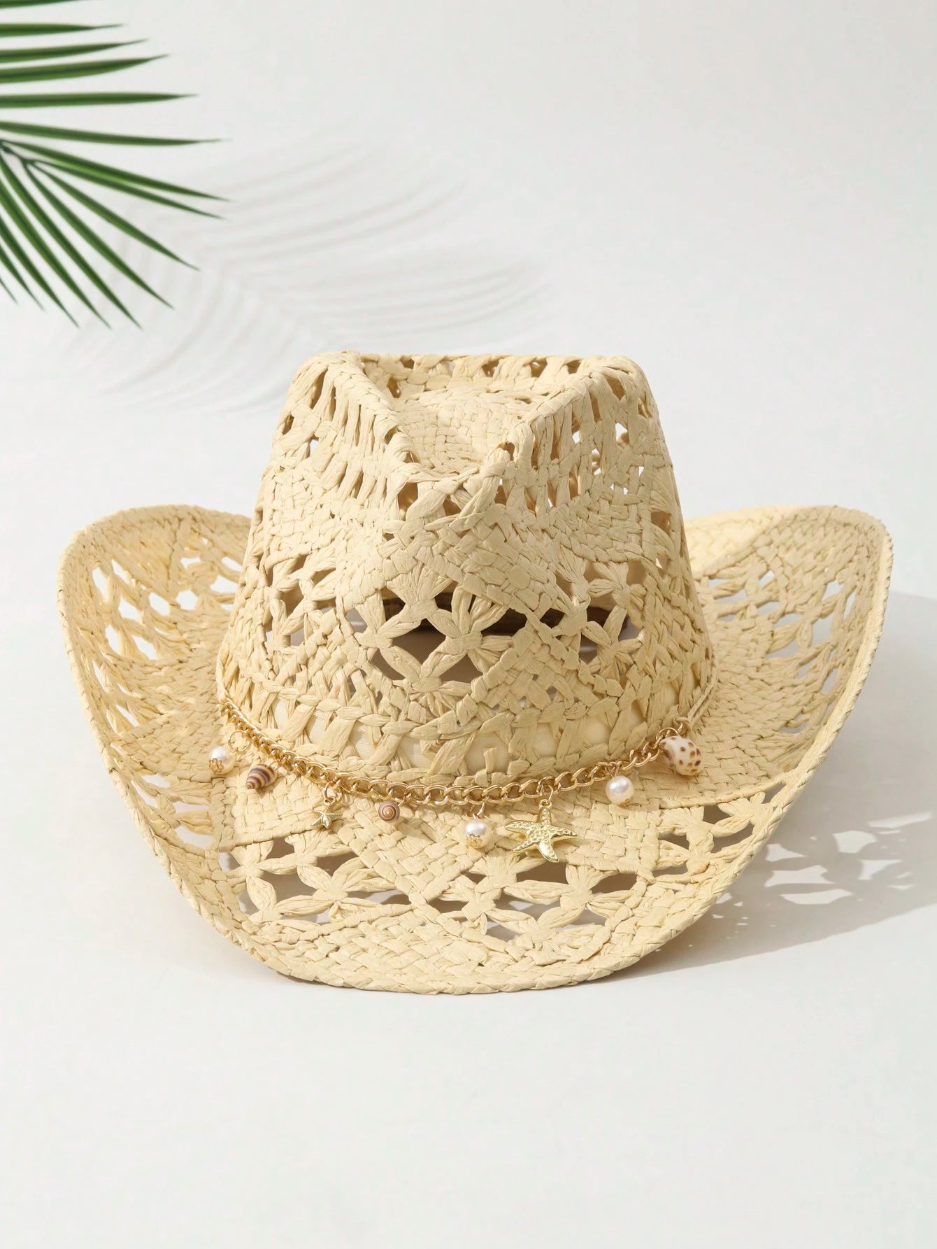 1pcs Unisex Conch Decor Cowboy Hat Hollow Printed Cowgirl Hat Casual Sun Hat Spring Summer Travel Shade Beach Hat Straw Hat