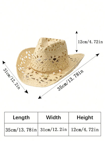 1pcs Unisex Conch Decor Cowboy Hat Hollow Printed Cowgirl Hat Casual Sun Hat Spring Summer Travel Shade Beach Hat Straw Hat