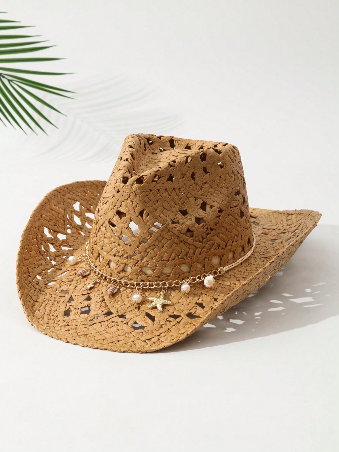 1pcs Unisex Conch Decor Cowboy Hat Hollow Printed Cowgirl Hat Casual Sun Hat Spring Summer Travel Shade Beach Hat Straw Hat