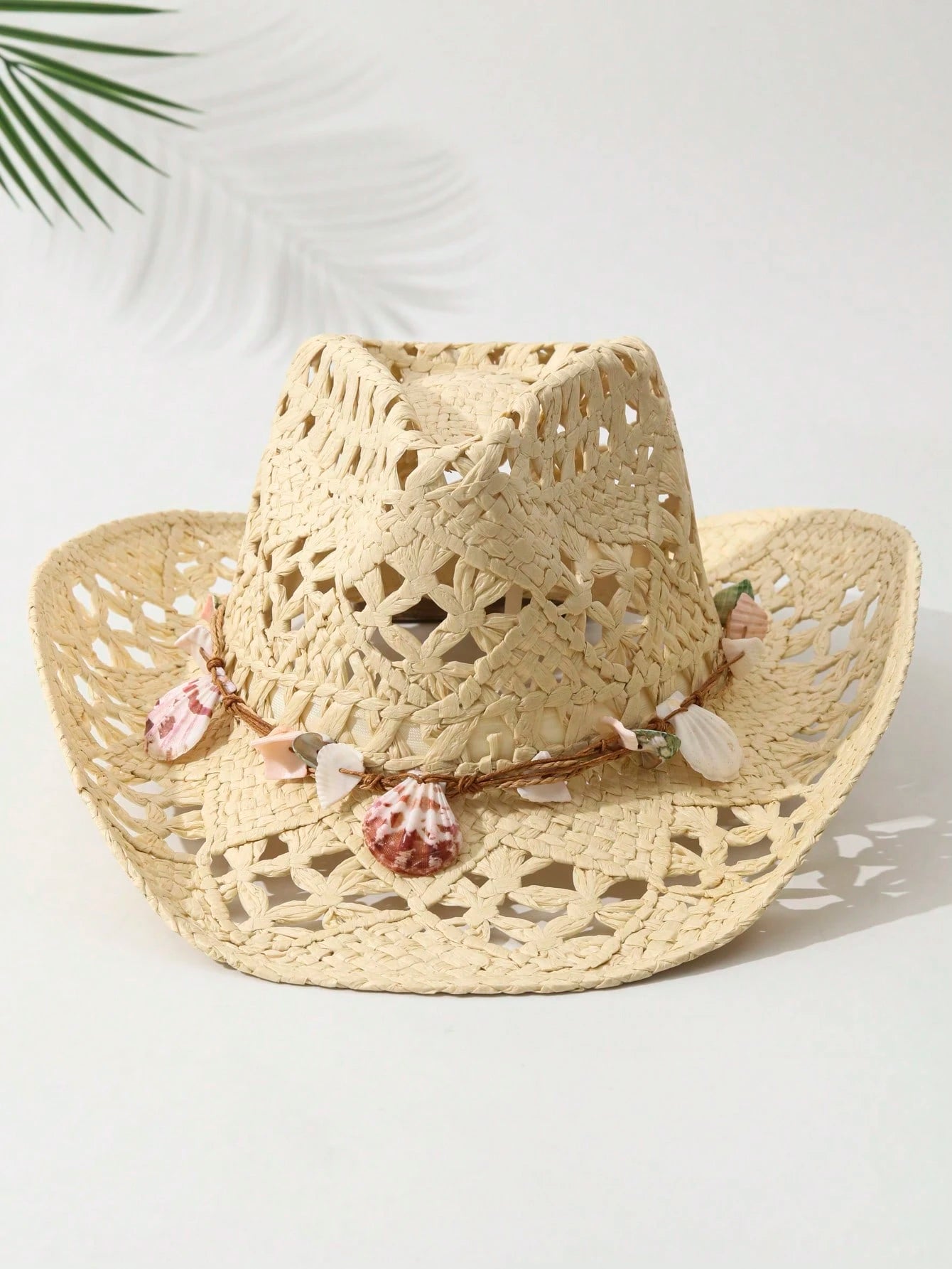 1pcs Unisex Shell Decor Cowboy Hat Hollow Printed Cowgirl Hat Spring Summer Travel Shade Beach Hat Casual Sun Hat Straw Hat