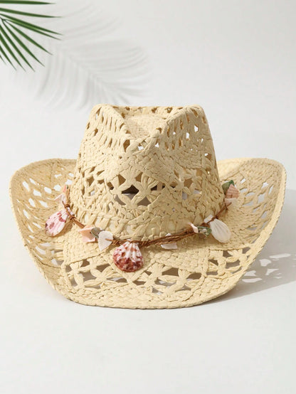 1pcs Unisex Shell Decor Cowboy Hat Hollow Printed Cowgirl Hat Spring Summer Travel Shade Beach Hat Casual Sun Hat Straw Hat