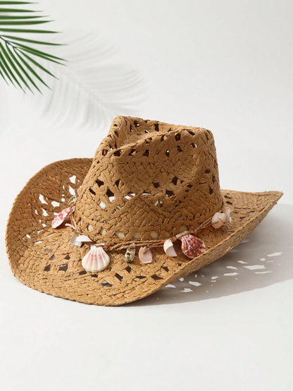 1pcs Unisex Shell Decor Cowboy Hat Hollow Printed Cowgirl Hat Spring Summer Travel Shade Beach Hat Casual Sun Hat Straw Hat