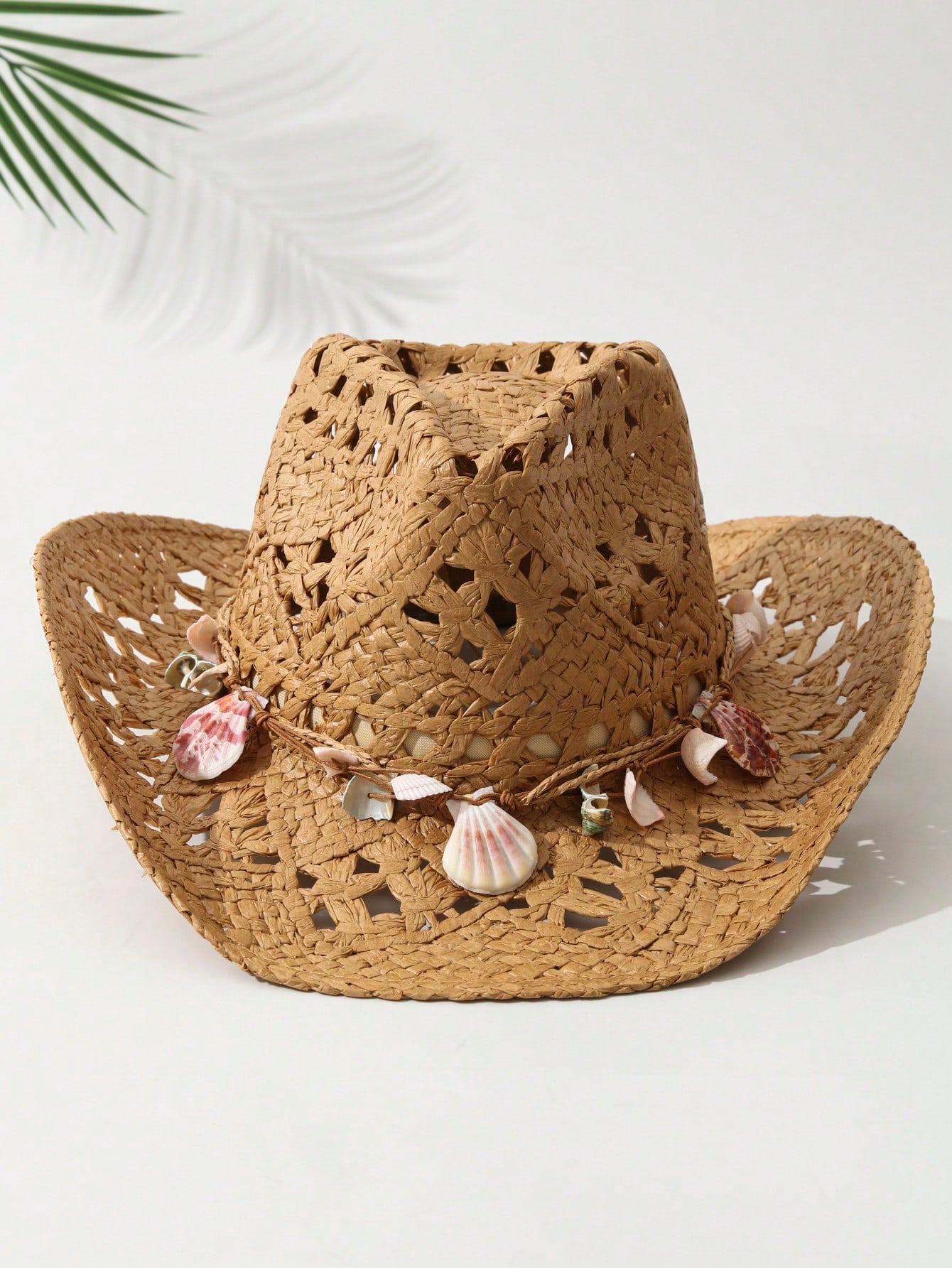 1pcs Unisex Shell Decor Cowboy Hat Hollow Printed Cowgirl Hat Spring Summer Travel Shade Beach Hat Casual Sun Hat Straw Hat