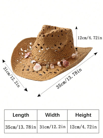 1pcs Unisex Shell Decor Cowboy Hat Hollow Printed Cowgirl Hat Spring Summer Travel Shade Beach Hat Casual Sun Hat Straw Hat