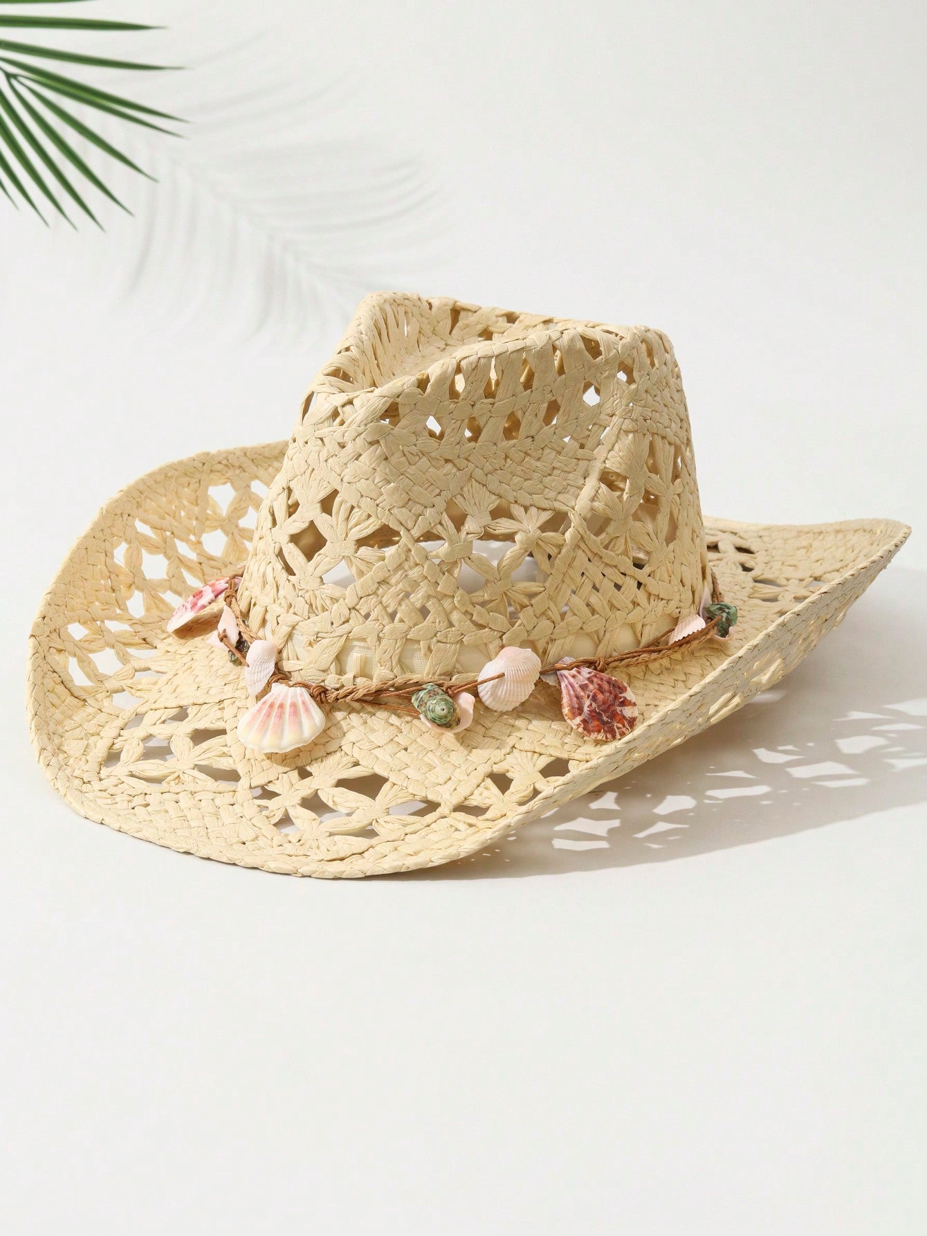 1pcs Unisex Shell Decor Cowboy Hat Hollow Printed Cowgirl Hat Spring Summer Travel Shade Beach Hat Casual Sun Hat Straw Hat