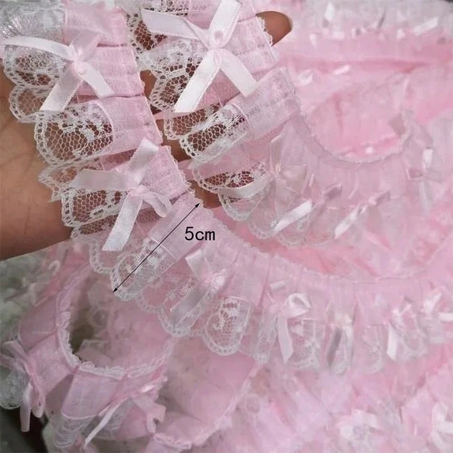 1yard 5cm Wide Ribbon With Embroidered Lace And Bow Trim, Pink Decorative Sewing Accessory