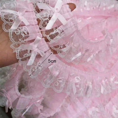 1yard 5cm Wide Ribbon With Embroidered Lace And Bow Trim, Pink Decorative Sewing Accessory