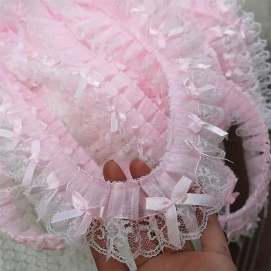1yard 5cm Wide Ribbon With Embroidered Lace And Bow Trim, Pink Decorative Sewing Accessory