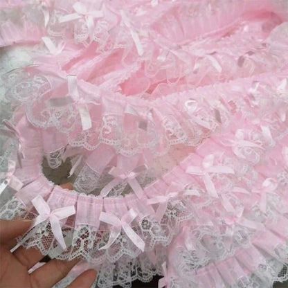 1yard 5cm Wide Ribbon With Embroidered Lace And Bow Trim, Pink Decorative Sewing Accessory