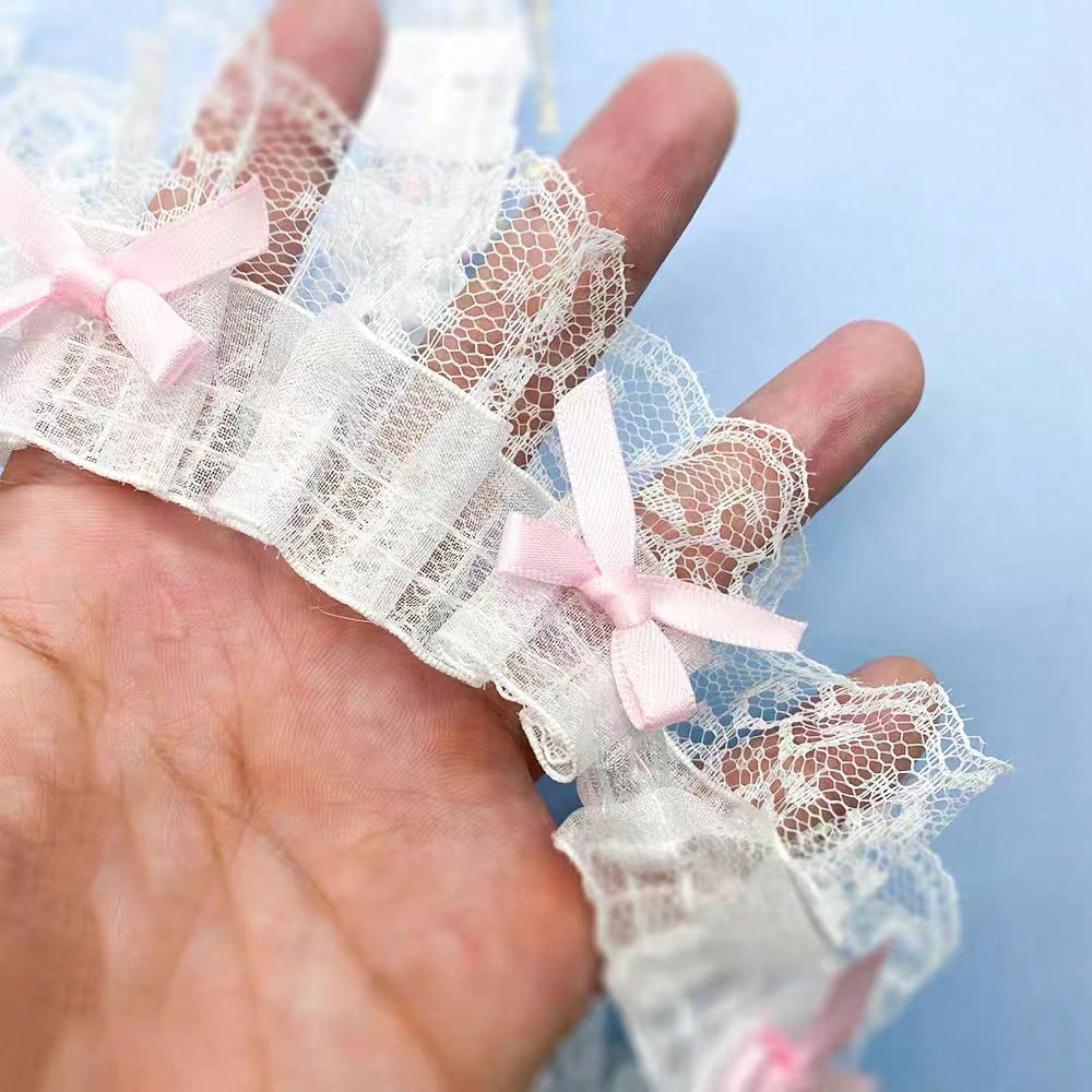 1yard 5cm Wide Ribbon With Embroidered Lace And Bow Trim, Pink Decorative Sewing Accessory