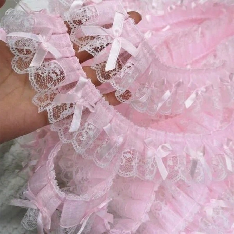 1yard 5cm Wide Ribbon With Embroidered Lace And Bow Trim, Pink Decorative Sewing Accessory