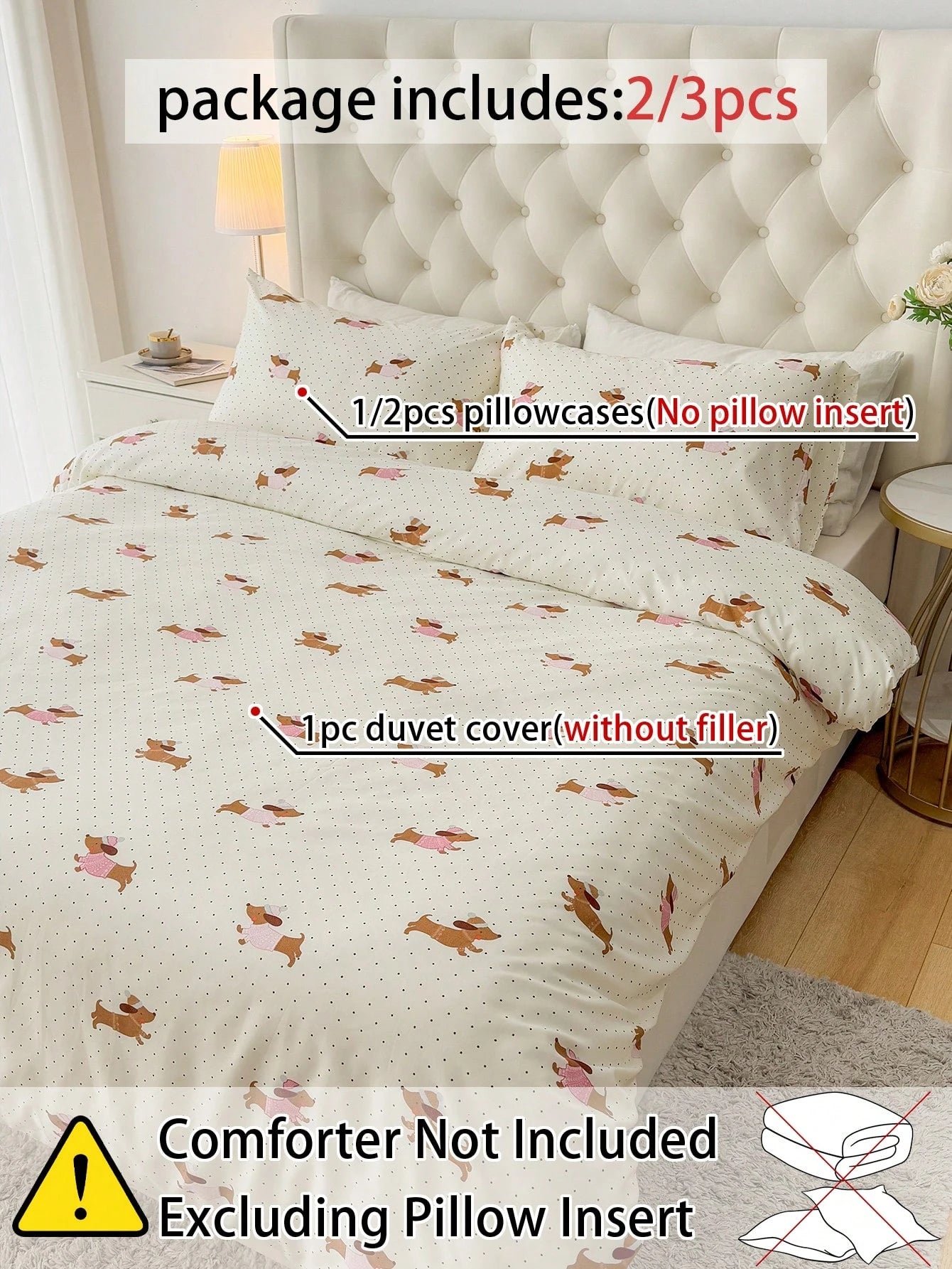 2/3pcs Bedding Set (1 Duvet Cover + 1/2 Pillowcase, Comforter Not Included), Polka Dot Dachshund Print Bedding Set, Soft & Comfortable Duvet Cover, Suitable For Bedroom, Guest Room