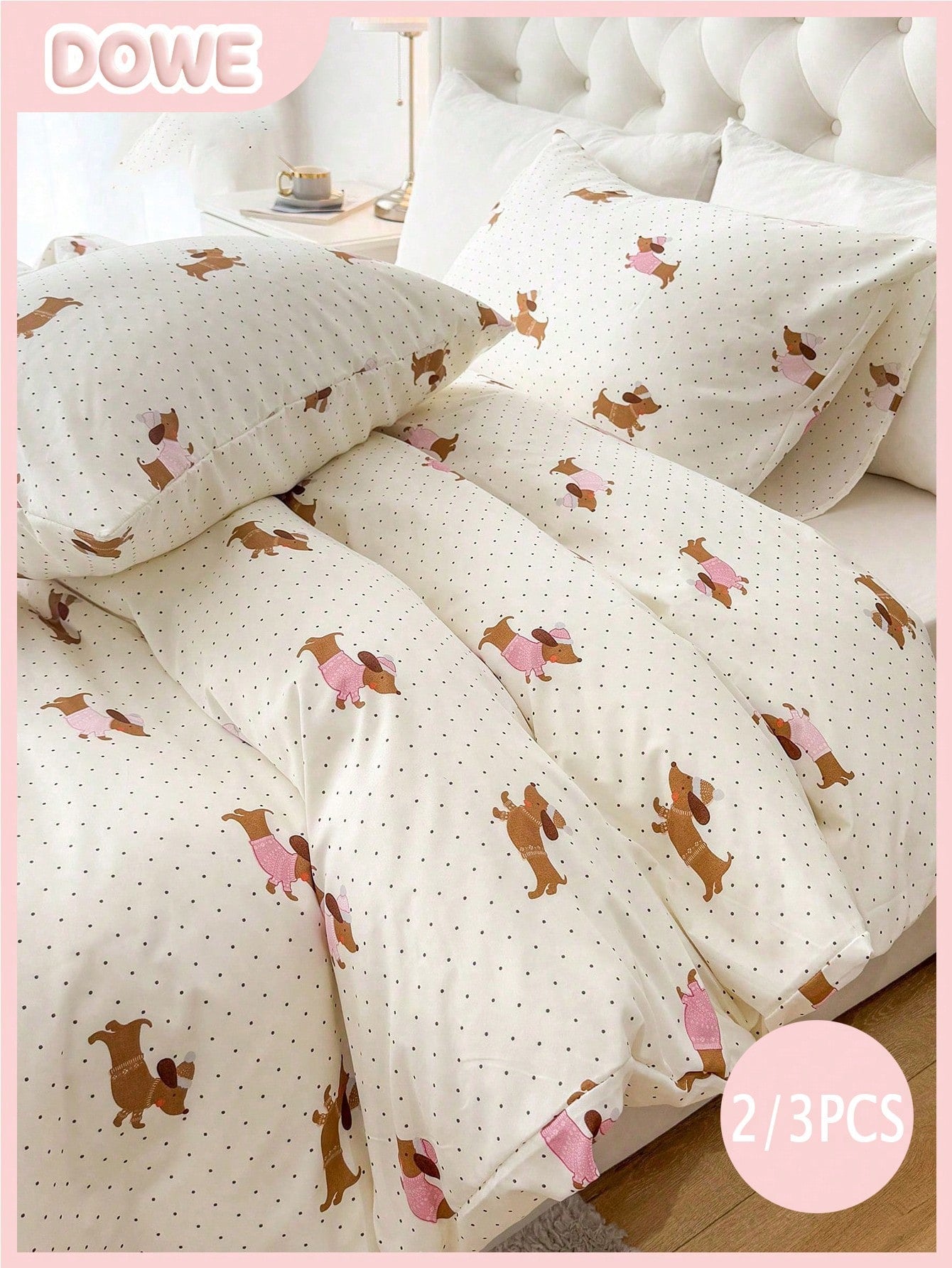 2/3pcs Bedding Set (1 Duvet Cover + 1/2 Pillowcase, Comforter Not Included), Polka Dot Dachshund Print Bedding Set, Soft & Comfortable Duvet Cover, Suitable For Bedroom, Guest Room