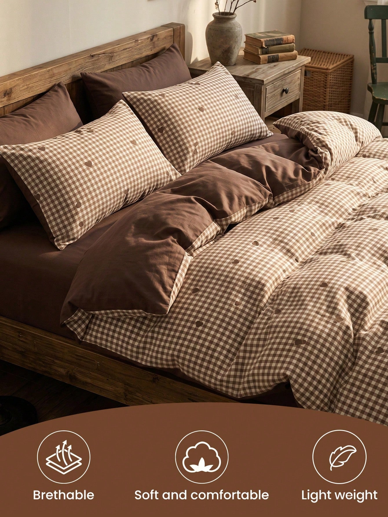 2/3pcs Brown Heart Print Duvet Cover Set, Bedding Set, Comfortable And Breathable, Lightweight And Anti-Pilling, Machine Washable, Room Decor, Bedroom Decor, Dorm Bedding, Suitable For All Seasons, Fi