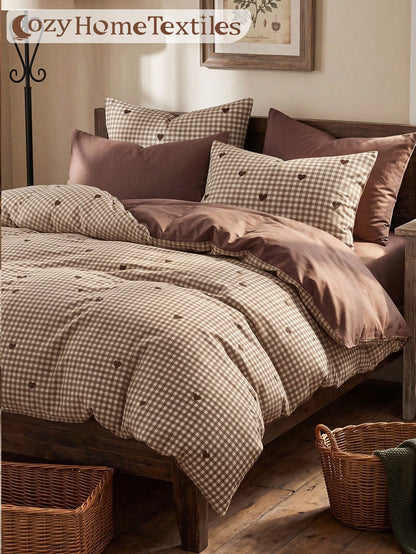 2/3pcs Brown Heart Print Duvet Cover Set, Bedding Set, Comfortable And Breathable, Lightweight And Anti-Pilling, Machine Washable, Room Decor, Bedroom Decor, Dorm Bedding, Suitable For All Seasons, Fi