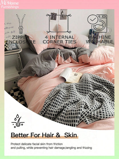 2/3pcs Light Pink & Light Gray Bedding Set, 1 Duvet Cover & 2 Pillowcases, Dorm Bedding For Boys & Girls, Simple & Fashionable Home Decor, Soft & Comfortable Bedroom Bedding, Fashion Set, Machine Wash