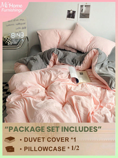 2/3pcs Light Pink & Light Gray Bedding Set, 1 Duvet Cover & 2 Pillowcases, Dorm Bedding For Boys & Girls, Simple & Fashionable Home Decor, Soft & Comfortable Bedroom Bedding, Fashion Set, Machine Wash